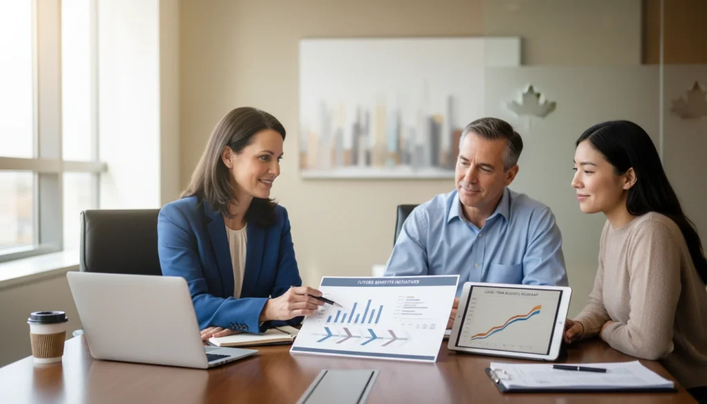 Benefits advisor meeting with business leaders to plan a future focused employee benefits strategy in Edmonton