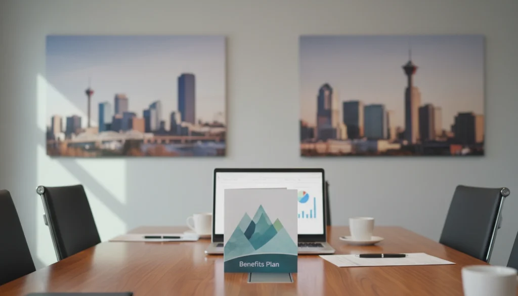 Small business owner reviewing group insurance and employee benefits options in Alberta office setting