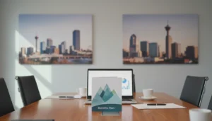 Small business owner reviewing group insurance and employee benefits options in Alberta office setting