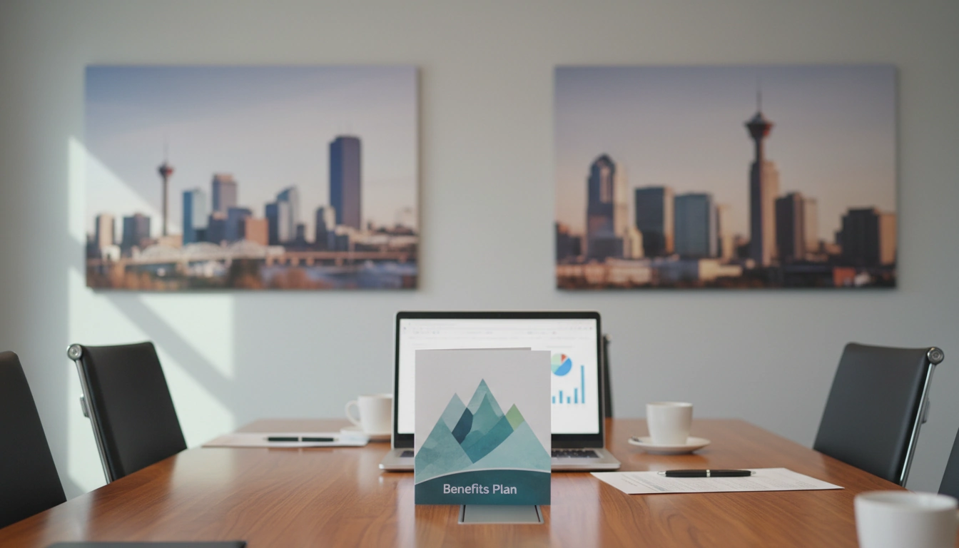 Small business owner reviewing group insurance and employee benefits options in Alberta office setting