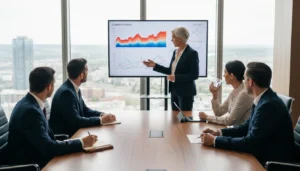 Senior benefits consultant presenting strategic planning data to executives in a high end boardroom.