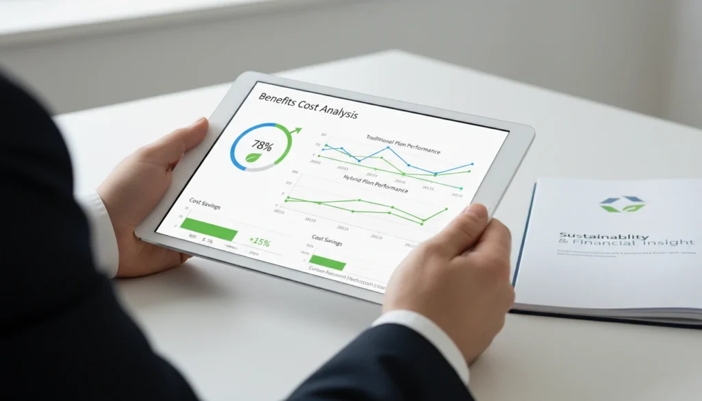 Tablet displaying a benefits cost analysis dashboard in a clean corporate office setting.