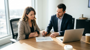 Benefits advisor reviewing group benefits renewal documents with a business owner in a professional office setting.