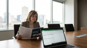 Edmonton business owner reviewing group benefits renewal documents at a boardroom table with city skyline in background.