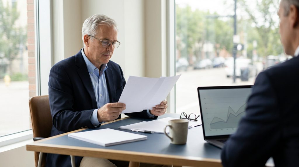 CFO reviewing an early retirement and group benefits plan report at a modern boardroom table