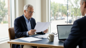 CFO reviewing an early retirement and group benefits plan report at a modern boardroom table