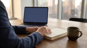 Close-up of a professional's hands at a downtown Edmonton office desk beside a laptop and coffee, representing financial wellness as an employee benefit