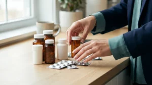 Hands organizing prescription medication bottles and blister packs on a countertop, representing private drug plan management